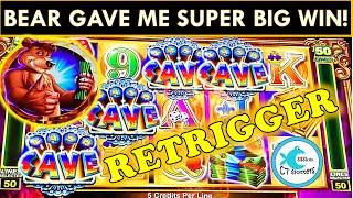 SUPER BIG WIN ON CASH CAVE SLOT MACHINE! MAXED OUT MULTIPLIERS! RETRIGGER! LOVE THIS BEAR & QUACKPOT
