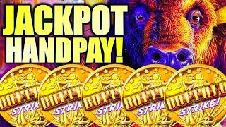 JACKPOT HANDPAY! 5-COIN TRIGGER! 100+ FREE GAMES!! BUFFALO STRIKE Slot Machine (ARISTOCRAT GAMING)