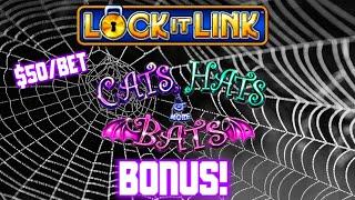 Lock It Link Cats, Hats & More Bats  HIGH LIMIT $50 BONUS ROUND Slot Machine Casino