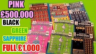 GREAT GAME..with FULL CARDS(Bar one).SAPHIRE MULTIPLIER..FULL £1,000s..WIN £50..BLACK.& PINK & GREEN