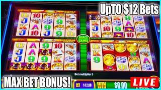 $12 BET MAX BET BONUS! Woder 4 Buffalo Gold Slot Machine Live Play at The Casino