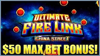 HIGH LIMIT Ultimate Fire Link China Street $50 MAX BET Bonus Round Slot Machine Casino