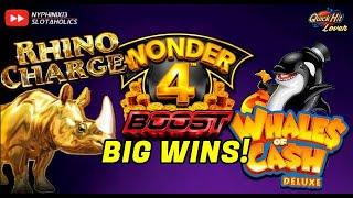 WONDER 4 BOOST RHINO CHARGE & WHALES OF CASH Slot Bonus HUGE WINS!!