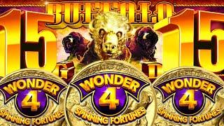 HUGE BIG WIN! 15 BUFFALO HEADS FINALLY! BUFFALO GOLD (WONDER 4 SPINNING FORTUNES) Slot Machine