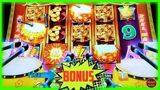 DANCING DRUMS EXPLOSION 4 COIN TRIGGER  DOWN TO THELAST SPIN BONUS! BUFFALO GOLD