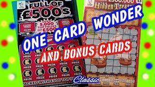Wow!.... One Card Wonder Full 500s + 4 Bonus cards...One being"HIDDEN TREASURE"Scratchcard mmmmmmMMM