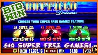 BIG WIN | $10 BET | SUPER FREE GAMES BUFFALO DELUXE SLOT MACHINE