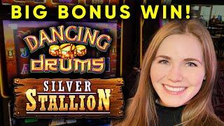 Awesome Bonus! Fiery Hot Jackpots Silver Stallion Slot Machine! High Limit Dancing Drums!