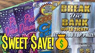 SWEET SAVE!!  MORE NEW Break the Bank Super Tickets  Pink Diamond 7s!  TX Lottery Scratch Offs