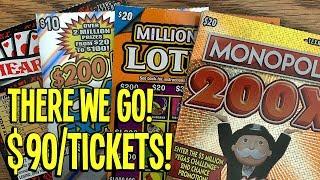 THERE WE GO!  2X $20 MONOPOLY 200X + MORE!  PLAYING $90 TX Lottery Scratch Off Tickets