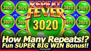 Repeat Fever Slot Machine - SUPER BIG WIN Bonus Feature in Dragon Hearts! How Many Repeat Wins Land?