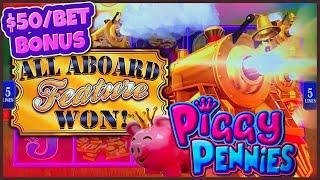HIGH LIMIT All Aboard  Piggy Pennies $50 MAX BET Bonus Slot Machine Casino