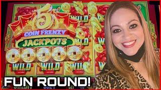 LOTS OF FUN ROUNDS WITH LOADS OF LAUGHSON 5 COIN FRENZY JACKPOTS BY ARISTOCRAT!