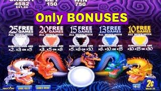 5 Dragons,Timber Wolf Deluxe, Buffalo Deluxe and Gold Pays Slot Machine Bonuses Won! Live Slot Play