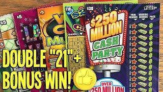 Double "21" + Bonus Win  $30 Ca$h Party + Wild Ca$h  $90 TEXAS Lottery Scratch Offs