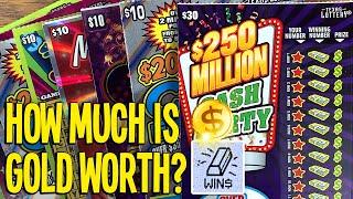 HOW MUCH IS A GOLD WORTH?  $30 Cash Party + Merry Magic + Royal Winnings  TX Lottery Scratch Offs